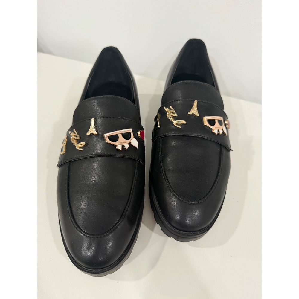 Karl Lagerfeld Paris Black Leather Lug Sole Loafers with Gold Charms Womens 8